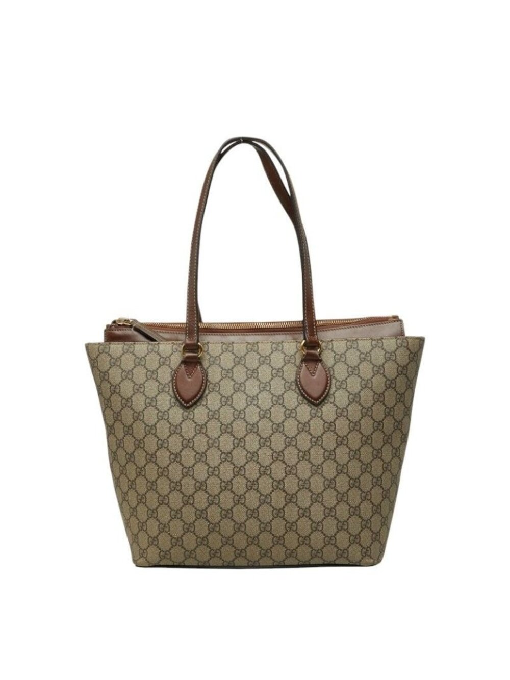 Gucci GG Supreme Tote Shoulder Bag Beige Brown Leather